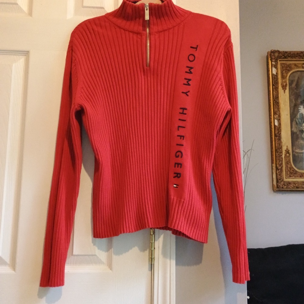 Tommy Hilfiger Spell Out Red Ribbed Knit Quarter Zip Sweater Women's XL - Picture 5 of 8